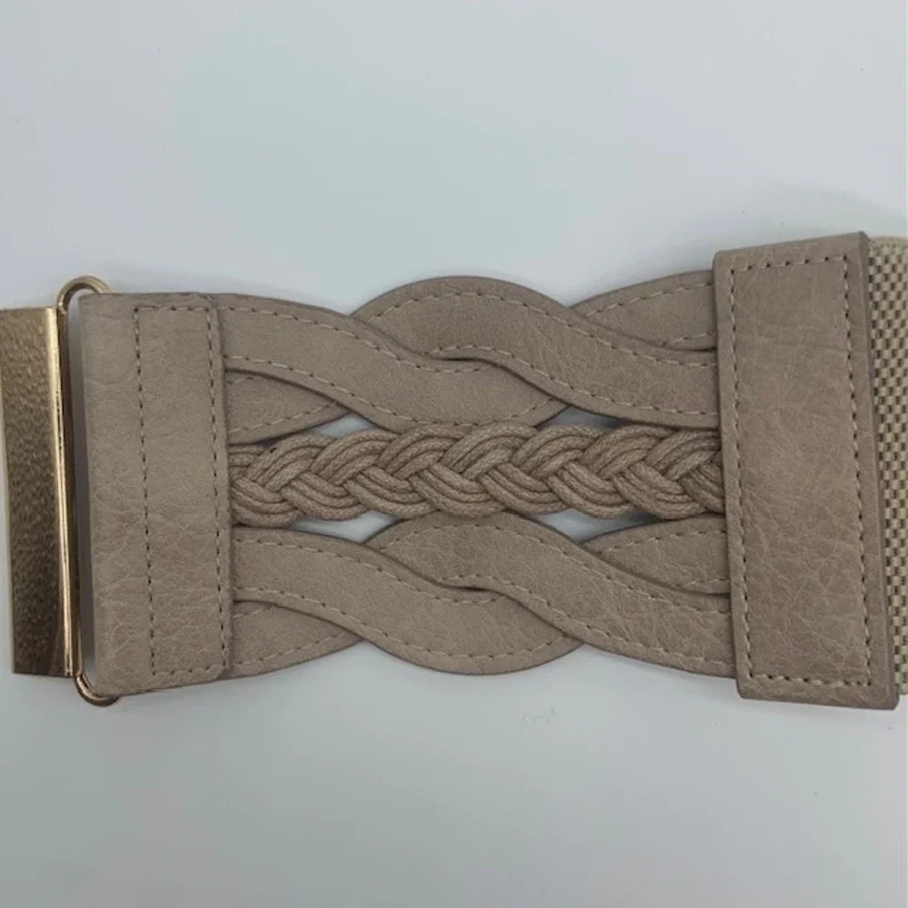 NWT Boho Coastal Wide Stretch Waist Belt 2XL Braided Woven Neutral Minimalist